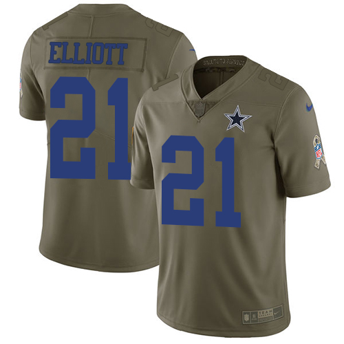 Nike Cowboys #21 Ezekiel Elliott Olive Men's Stitched NFL Limited Salute To Service Jersey - Click Image to Close